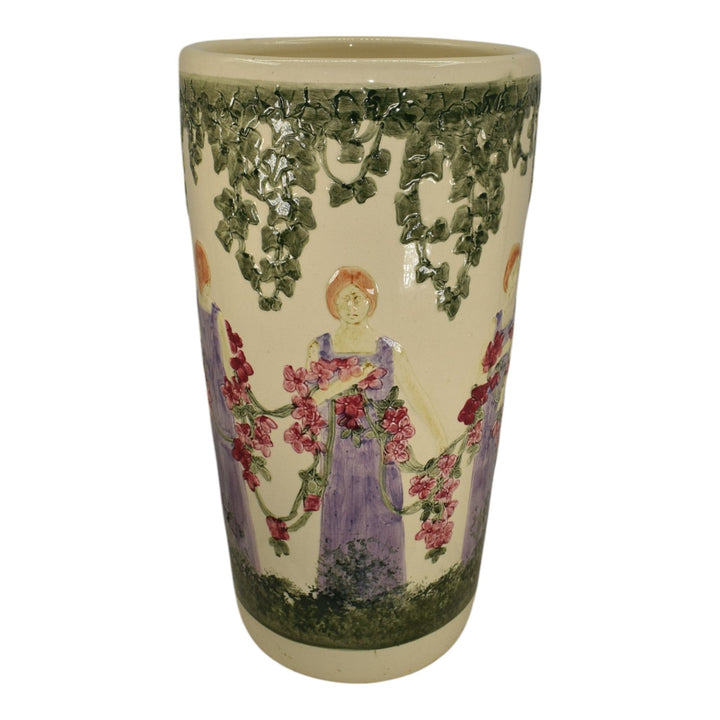 Weller Zona 1920s Art Pottery Woman Figural Scenic Ceramic Umbrella Stand - Just Art Pottery