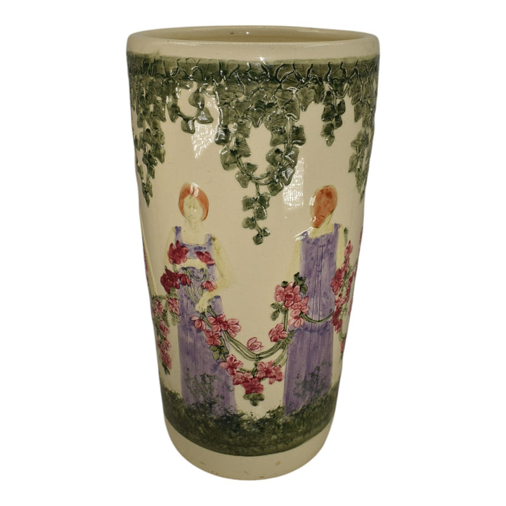 Weller Zona 1920s Art Pottery Woman Figural Scenic Ceramic Umbrella Stand - Just Art Pottery