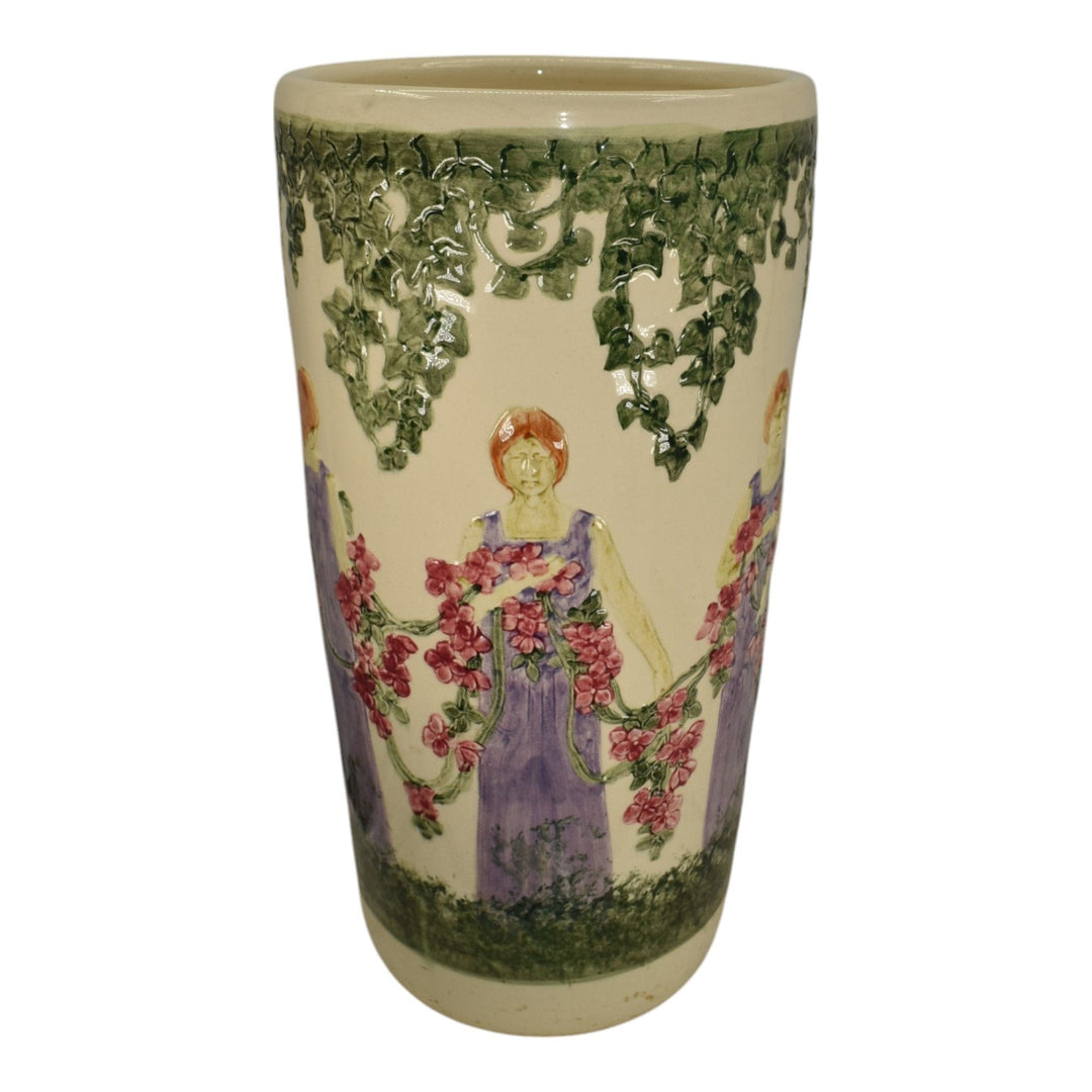 Weller Zona 1920s Art Pottery Woman Figural Scenic Ceramic Umbrella Stand - Just Art Pottery