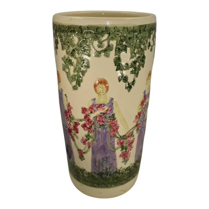 Weller Zona 1920s Art Pottery Woman Figural Scenic Ceramic Umbrella Stand - Just Art Pottery
