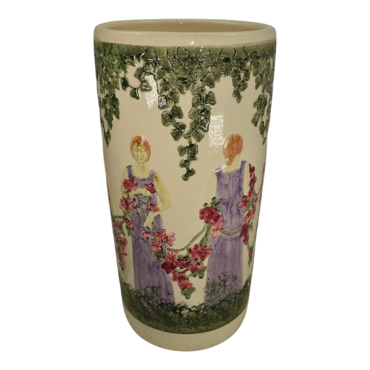 Weller Zona 1920s Art Pottery Woman Figural Scenic Ceramic Umbrella Stand - Just Art Pottery