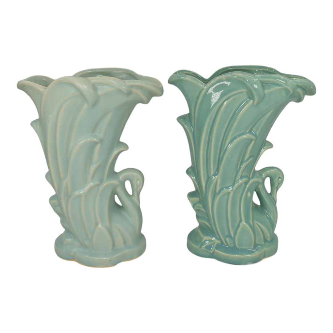 McCoy 1946 Mid Century Modern Art Pottery Blue Ceramic Swan Vases 274 - Just Art Pottery