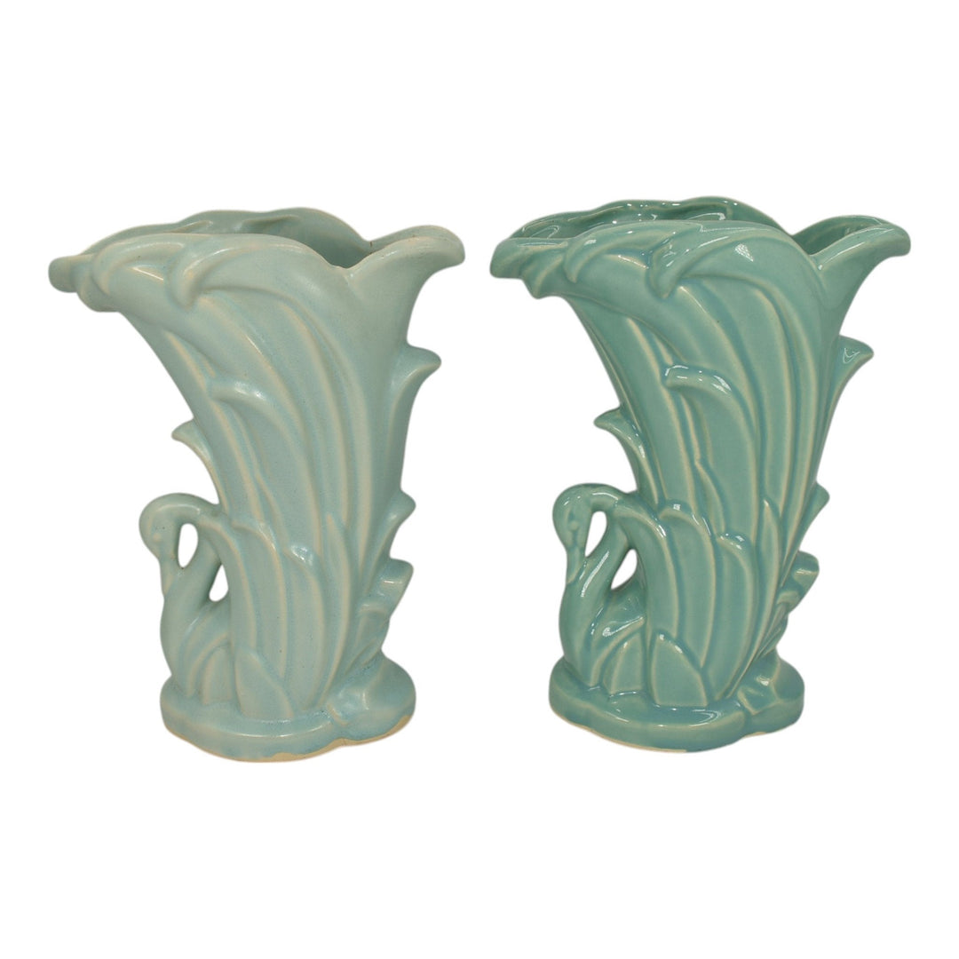 McCoy 1946 Mid Century Modern Art Pottery Blue Ceramic Swan Vases 274 - Just Art Pottery