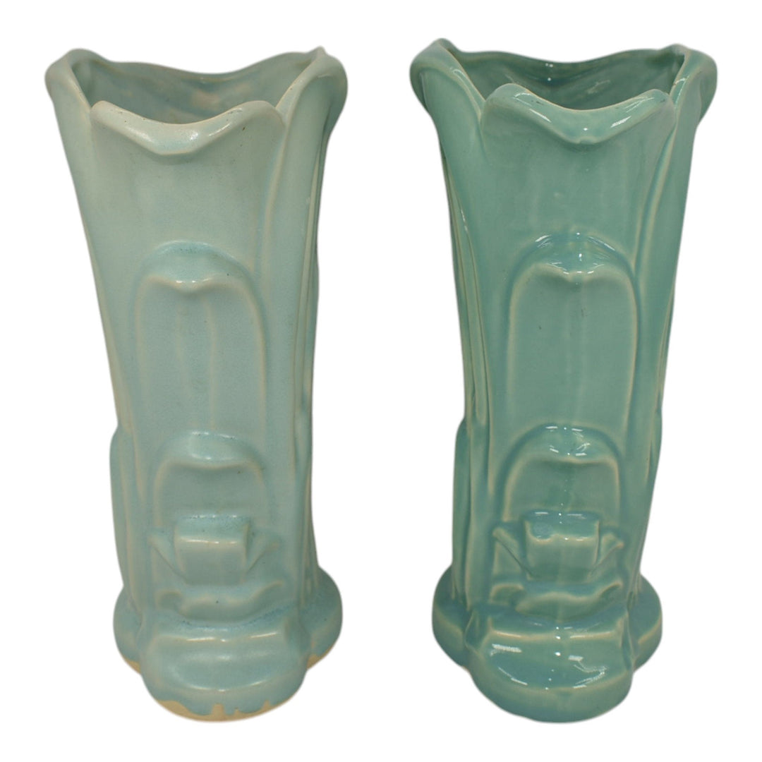 McCoy 1946 Mid Century Modern Art Pottery Blue Ceramic Swan Vases 274 - Just Art Pottery