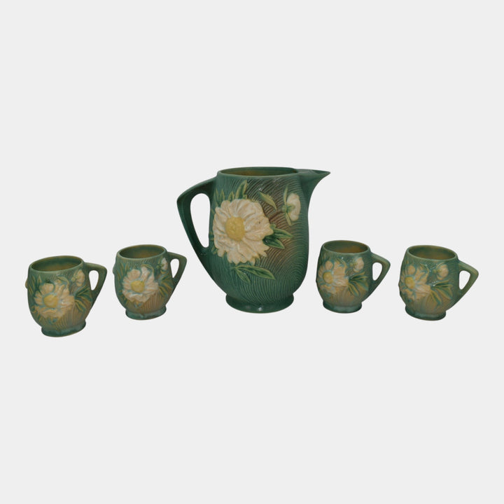 Roseville Peony Green 1942 Vintage Art Pottery Ceramic Pitcher Mug Set 1326-7 - Just Art Pottery