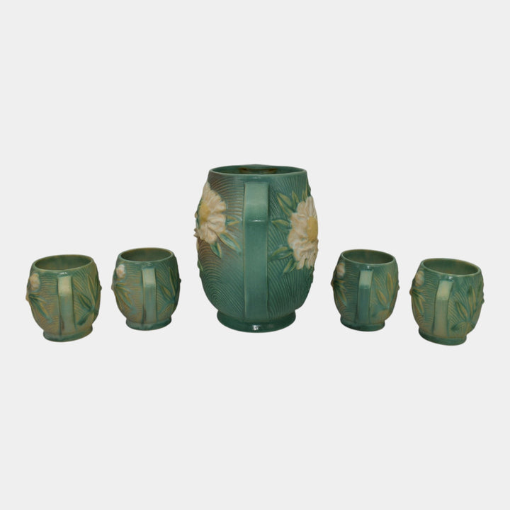 Roseville Peony Green 1942 Vintage Art Pottery Ceramic Pitcher Mug Set 1326-7 - Just Art Pottery