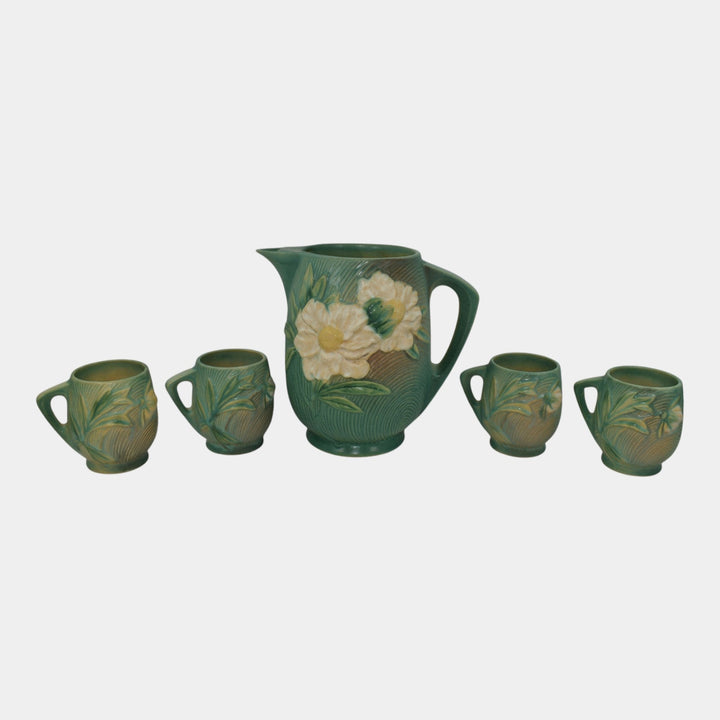 Roseville Peony Green 1942 Vintage Art Pottery Ceramic Pitcher Mug Set 1326-7 - Just Art Pottery