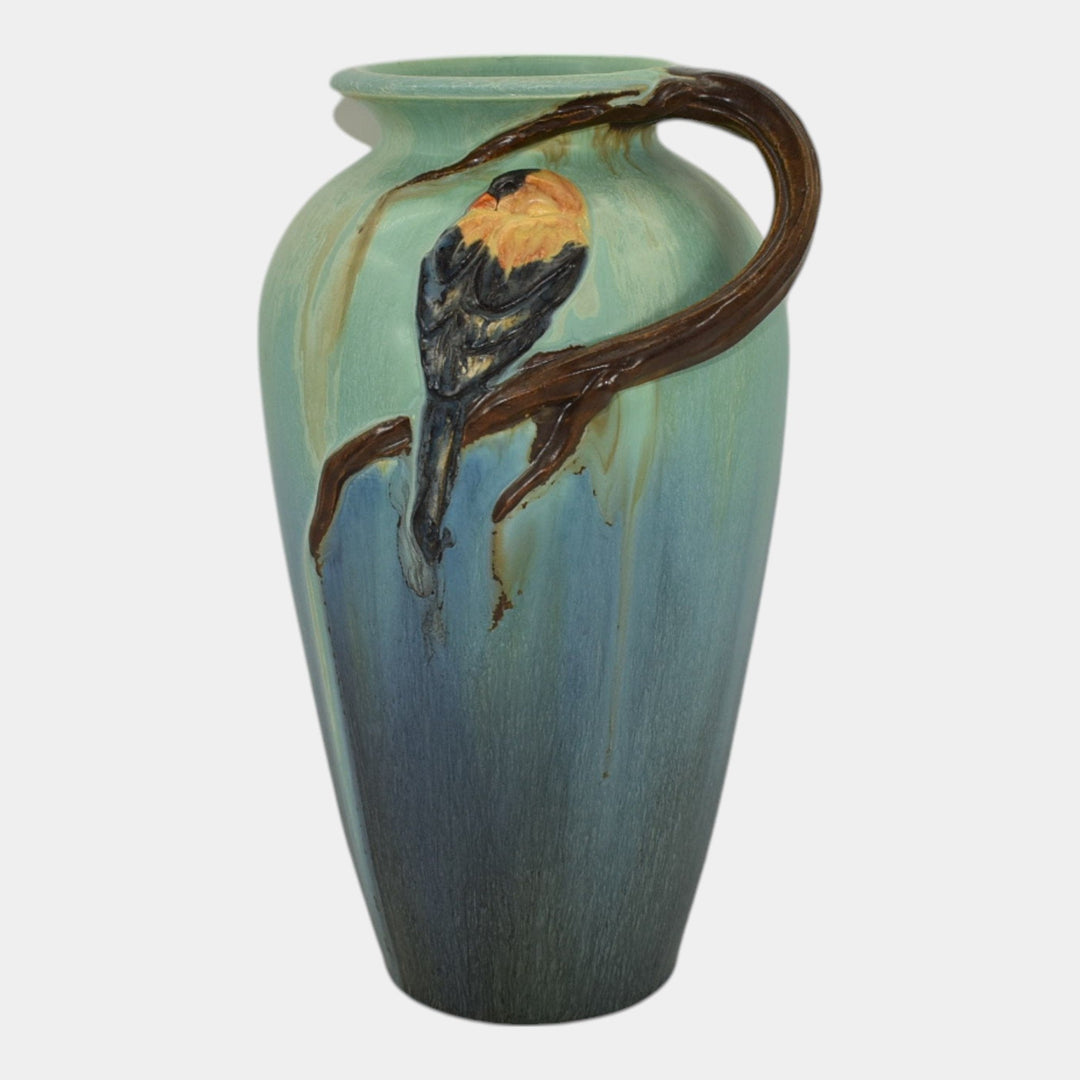 Ephraim Faience 2019 Hand Made Pottery Blue Finch Ceramic Tall Vase M07 - Just Art Pottery