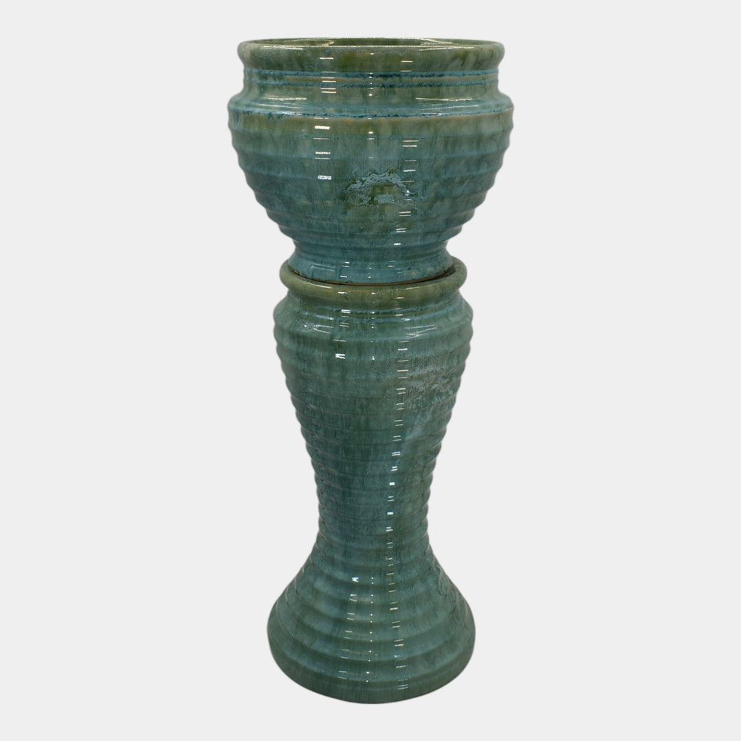 McCoy 1920s Art Deco Pottery Blue Ceramic Jardiniere And Pedestal - Just Art Pottery