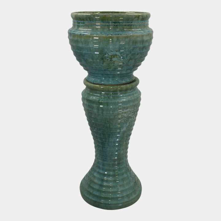McCoy 1920s Art Deco Pottery Blue Ceramic Jardiniere And Pedestal - Just Art Pottery