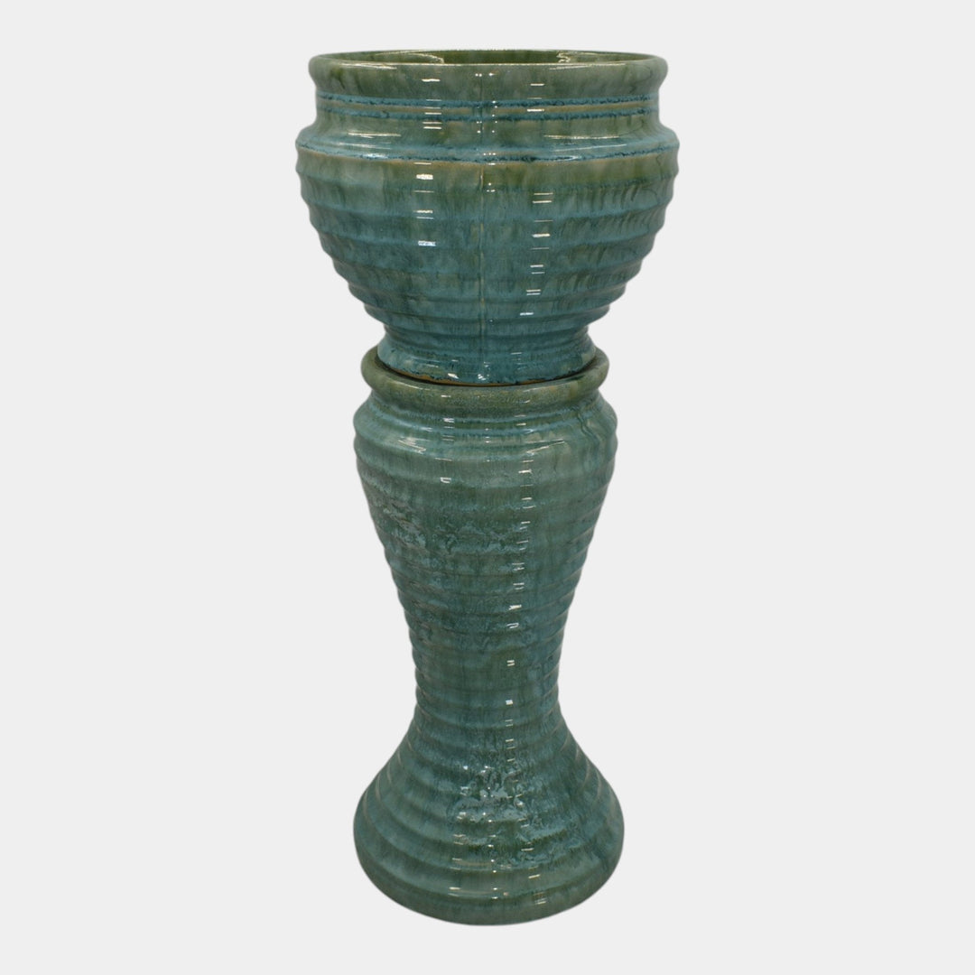 McCoy 1920s Art Deco Pottery Blue Ceramic Jardiniere And Pedestal - Just Art Pottery