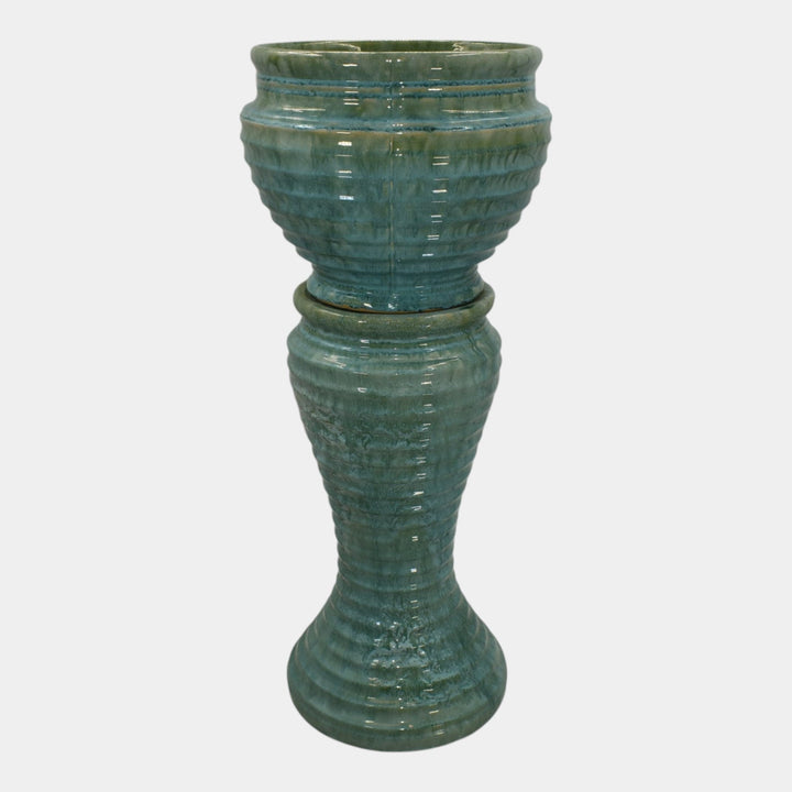 McCoy 1920s Art Deco Pottery Blue Ceramic Jardiniere And Pedestal - Just Art Pottery