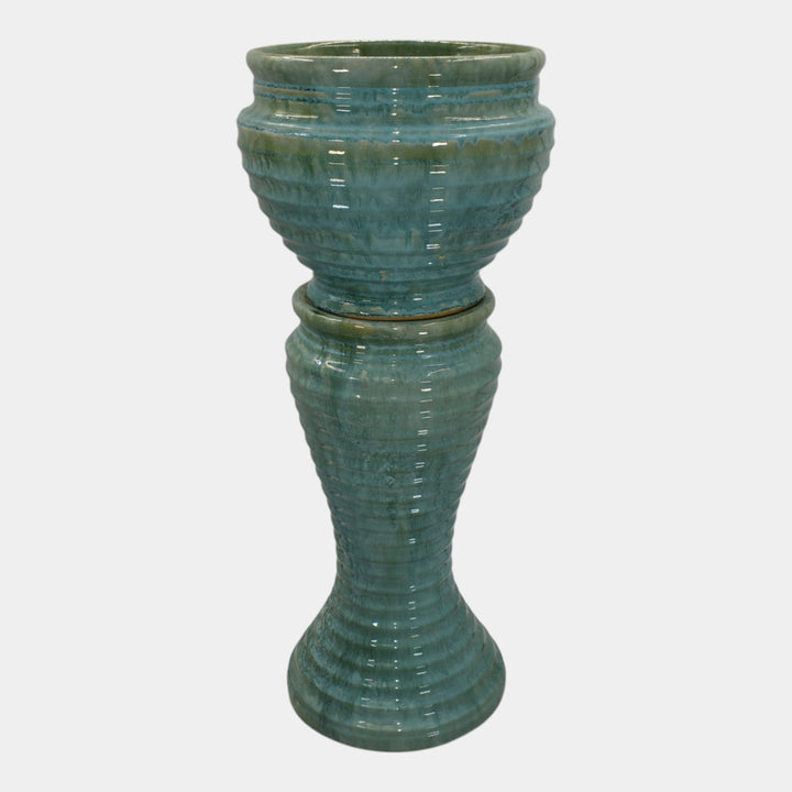 McCoy 1920s Art Deco Pottery Blue Ceramic Jardiniere And Pedestal - Just Art Pottery