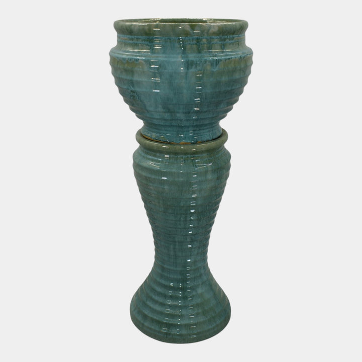 McCoy 1920s Art Deco Pottery Blue Ceramic Jardiniere And Pedestal - Just Art Pottery