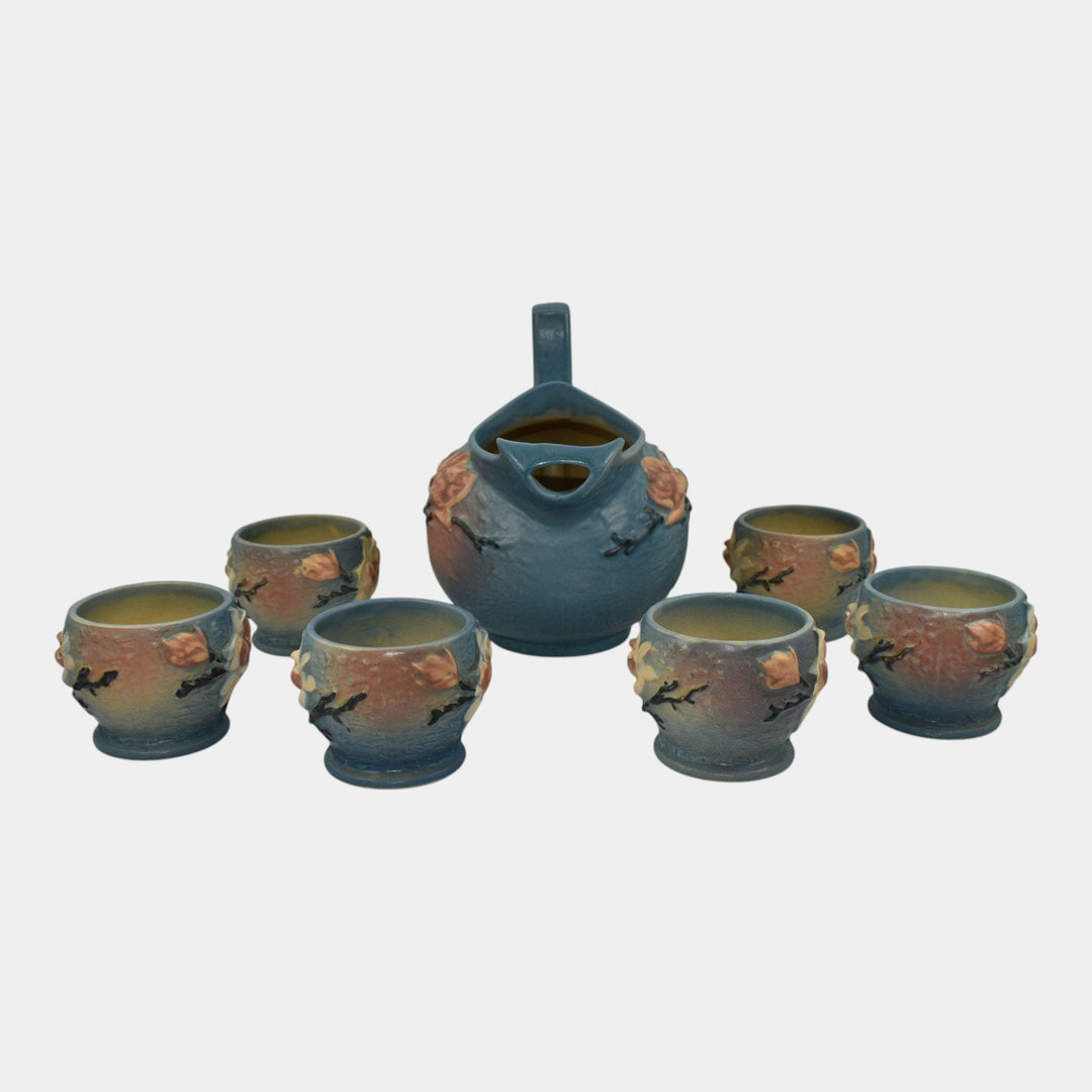 Roseville Magnolia Blue 1943 Vintage Pottery Cider Pitcher 1327 And Mugs 3-3 - Just Art Pottery