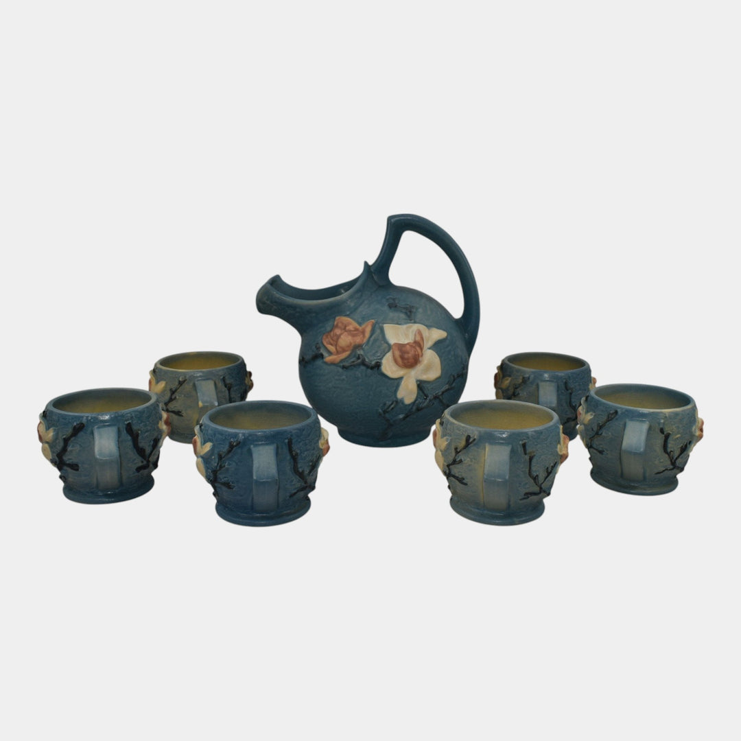 Roseville Magnolia Blue 1943 Vintage Pottery Cider Pitcher 1327 And Mugs 3-3 - Just Art Pottery