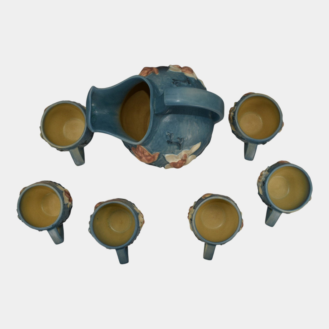 Roseville Magnolia Blue 1943 Vintage Pottery Cider Pitcher 1327 And Mugs 3-3 - Just Art Pottery