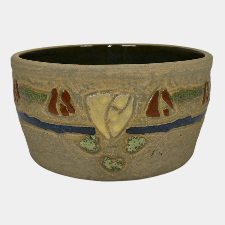 Roseville Mostique Gray 1916 Vintage Arts and Crafts Pottery Flower Pot Bowl - Just Art Pottery