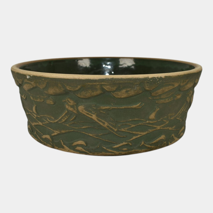 Red Wing Or Monmouth Brush Ware Vintage Art Pottery Green Scenic Ceramic Bowl - Just Art Pottery