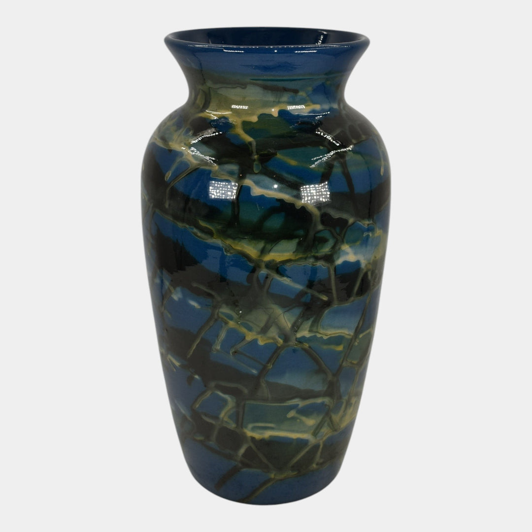 Peters and Reed Marbleized 1920s Arts And Crafts Pottery Blue Ceramic Vase - Just Art Pottery