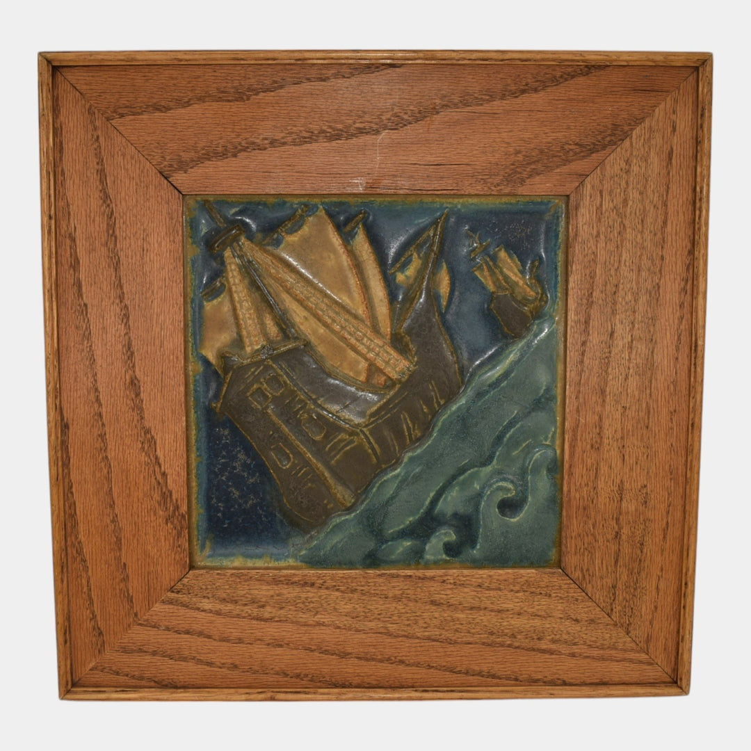 Rookwood Faience Arts And Crafts Pottery Galleon Ship Framed Ceramic Tile - Just Art Pottery