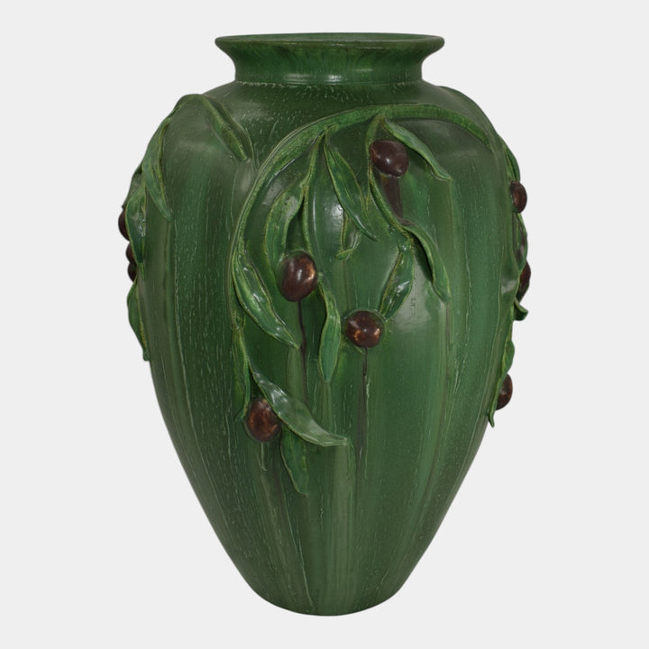 Door Studio Art Pottery 2008 Hand Made Matte Green Olive Branch Floor Vase - Just Art Pottery