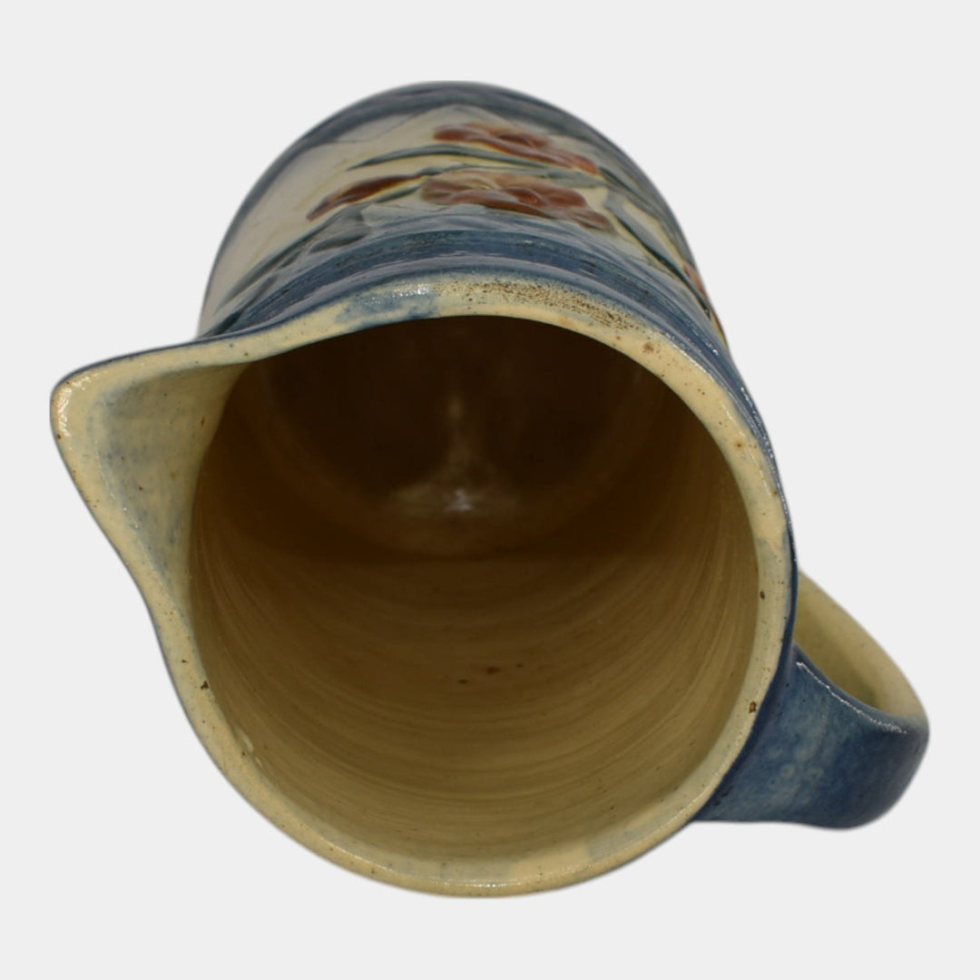 Roseville Early Ware 1910s Vintage Art Pottery Blue Wild Rose Ceramic Pitcher - Just Art Pottery