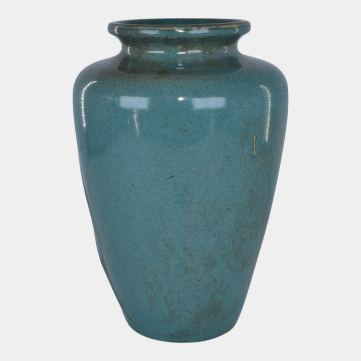 Zanesville Stoneware 1930s Arts And Craft Pottery Blue Leaf Vase 102 - Just Art Pottery