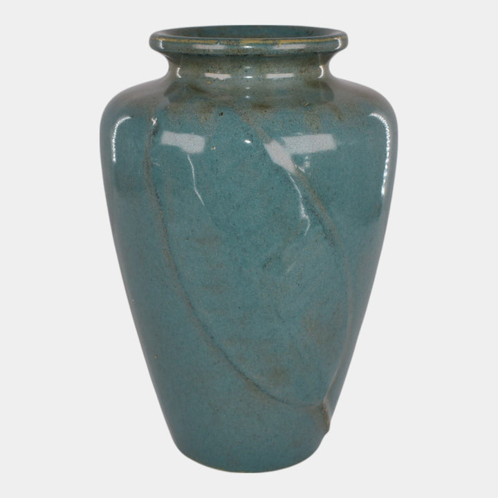 Zanesville Stoneware 1930s Arts And Craft Pottery Blue Leaf Vase 102 - Just Art Pottery