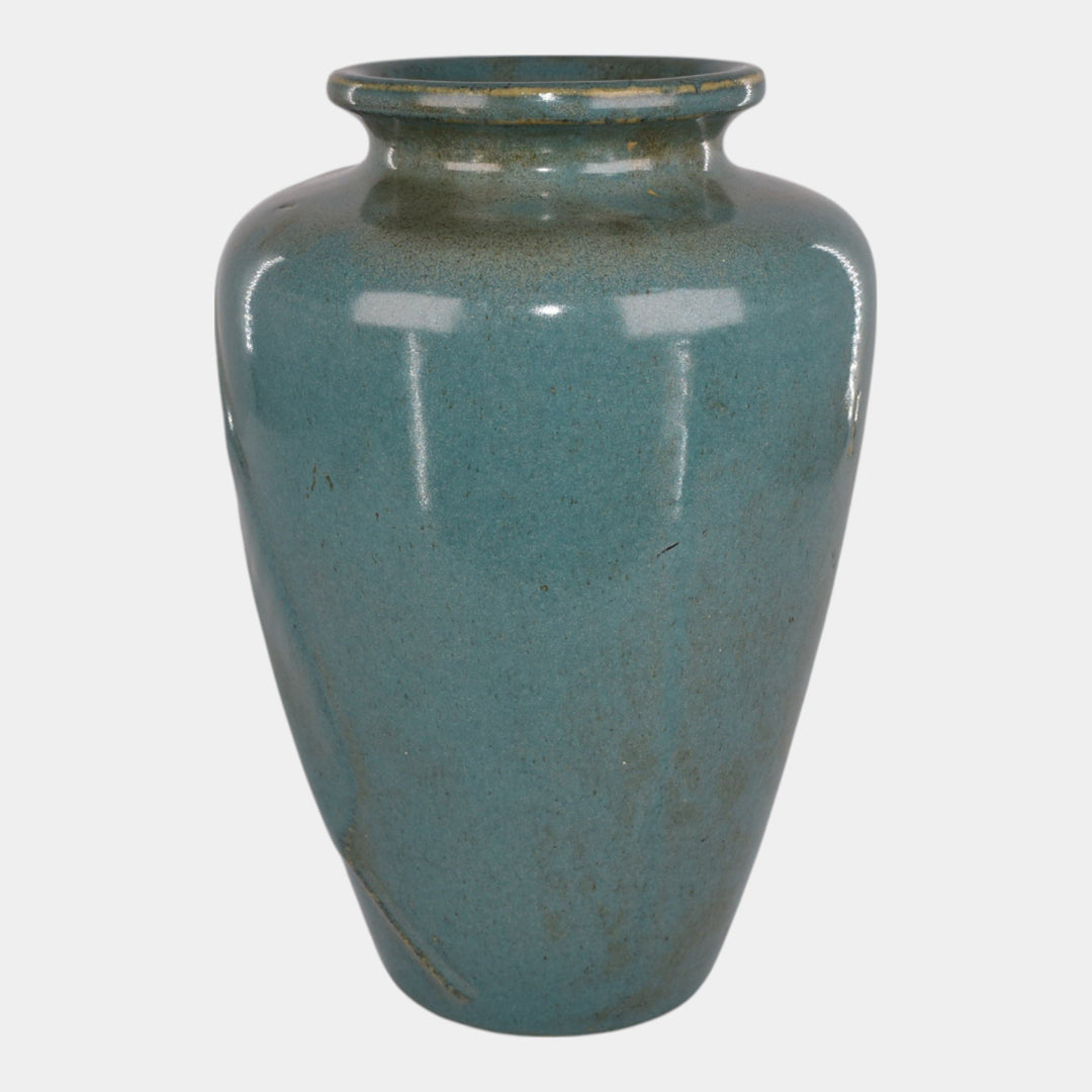 Zanesville Stoneware 1930s Arts And Craft Pottery Blue Leaf Vase 102 - Just Art Pottery