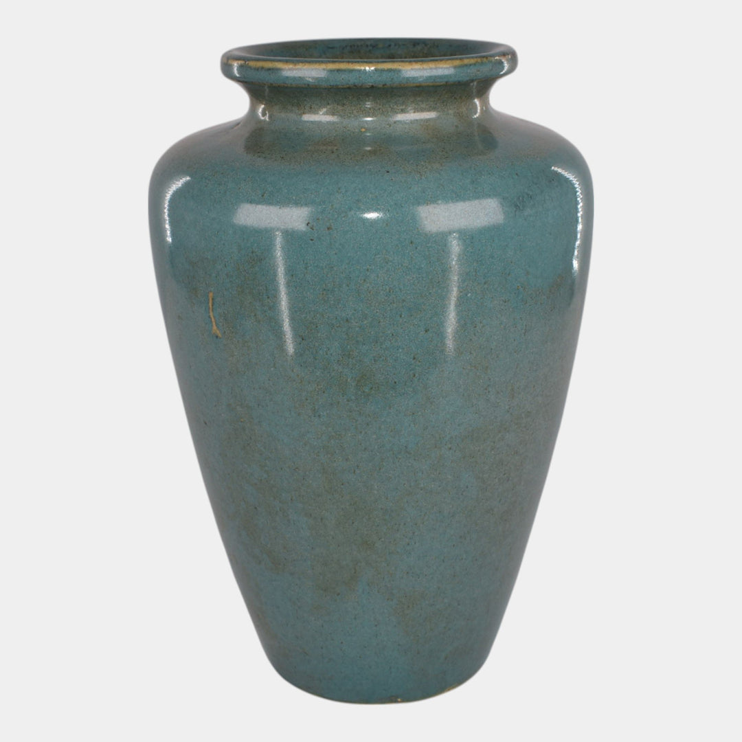 Zanesville Stoneware 1930s Arts And Craft Pottery Blue Leaf Vase 102 - Just Art Pottery