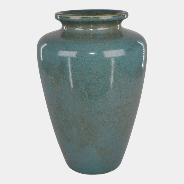 Zanesville Stoneware 1930s Arts And Craft Pottery Blue Leaf Vase 102 - Just Art Pottery