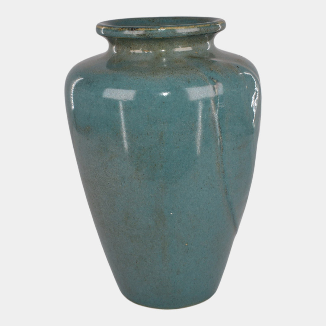 Zanesville Stoneware 1930s Arts And Craft Pottery Blue Leaf Vase 102 - Just Art Pottery