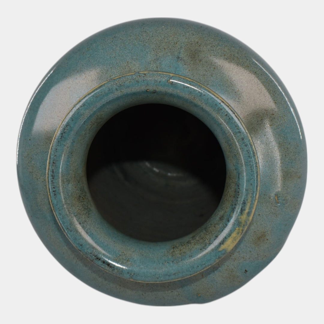 Zanesville Stoneware 1930s Arts And Craft Pottery Blue Leaf Vase 102 - Just Art Pottery