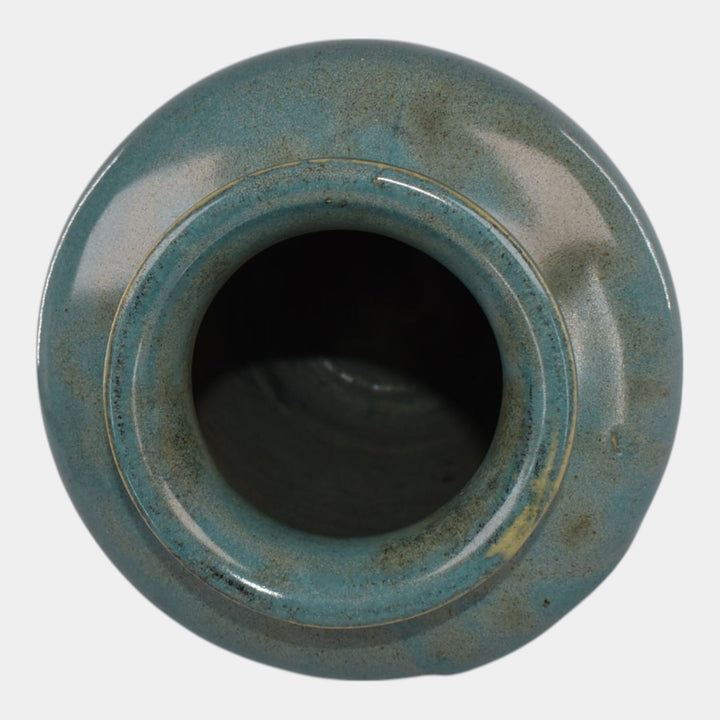 Zanesville Stoneware 1930s Arts And Craft Pottery Blue Leaf Vase 102 - Just Art Pottery