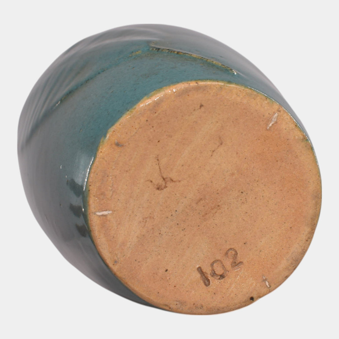 Zanesville Stoneware 1930s Arts And Craft Pottery Blue Leaf Vase 102 - Just Art Pottery