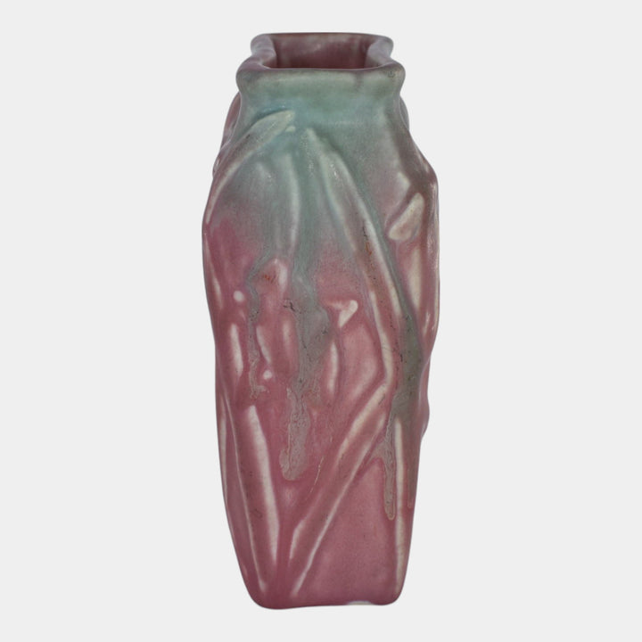 Muncie 1920s Art Deco Pottery Green Over Rose Katydid Pillow Ceramic Vase 194-6 - Just Art Pottery