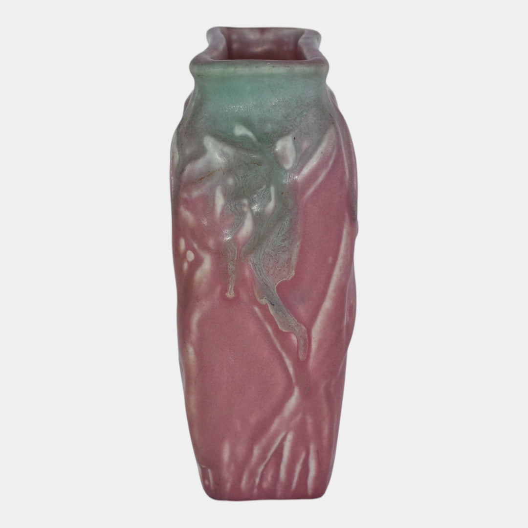 Muncie 1920s Art Deco Pottery Green Over Rose Katydid Pillow Ceramic Vase 194-6 - Just Art Pottery