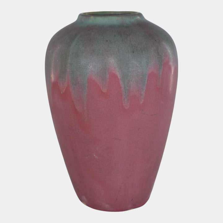 Muncie 1920s Vintage Art Deco Pottery Green Over Rose Broad Shouldered Vase - Just Art Pottery