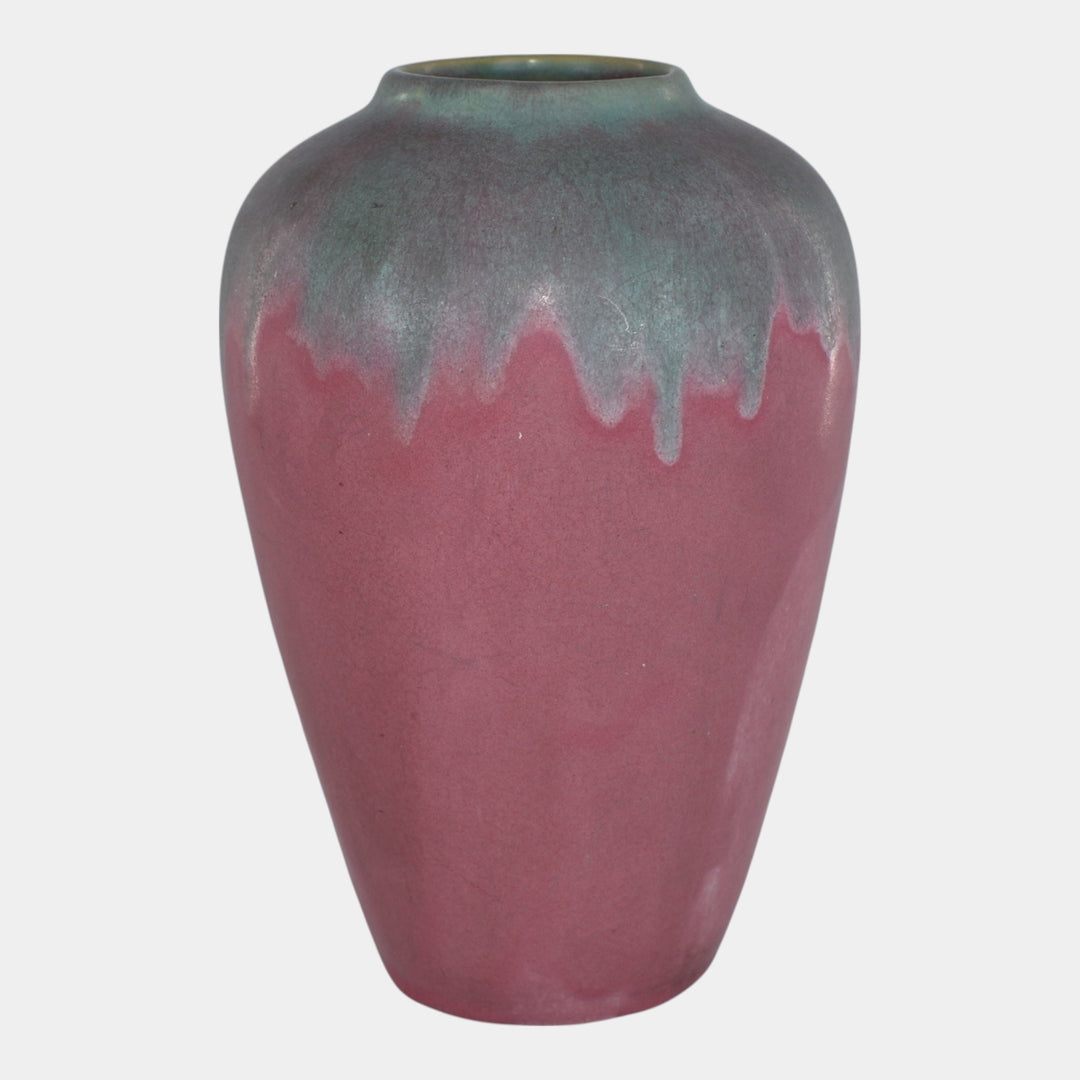 Muncie 1920s Vintage Art Deco Pottery Green Over Rose Broad Shouldered Vase - Just Art Pottery