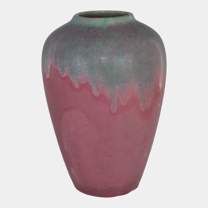 Muncie 1920s Vintage Art Deco Pottery Green Over Rose Broad Shouldered Vase - Just Art Pottery