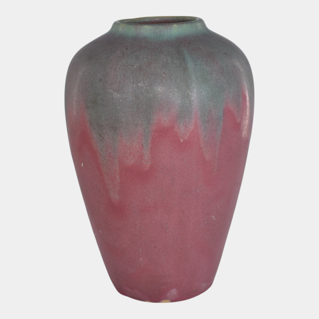 Muncie 1920s Vintage Art Deco Pottery Green Over Rose Broad Shouldered Vase - Just Art Pottery