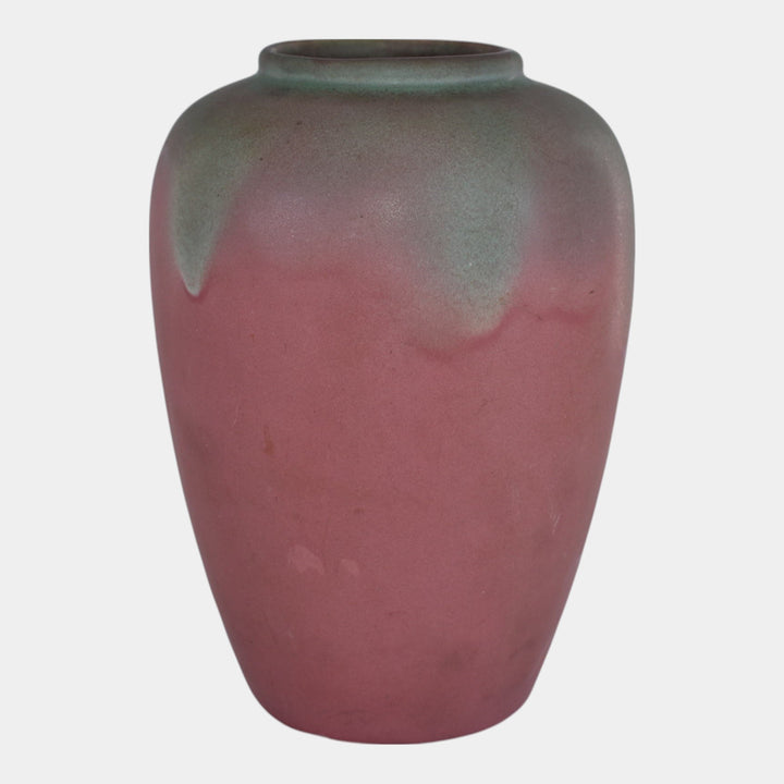 Muncie 1920s Vintage Art Deco Pottery Green Over Rose Ceramic Vase 102-9 - Just Art Pottery