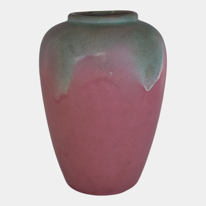 Muncie 1920s Vintage Art Deco Pottery Green Over Rose Ceramic Vase 102-9 - Just Art Pottery