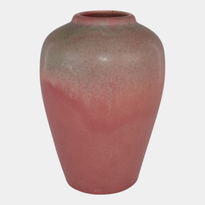 Muncie 1920s Vintage Art Deco Pottery Matte Green Over Rose Ceramic Vase 102-7 - Just Art Pottery