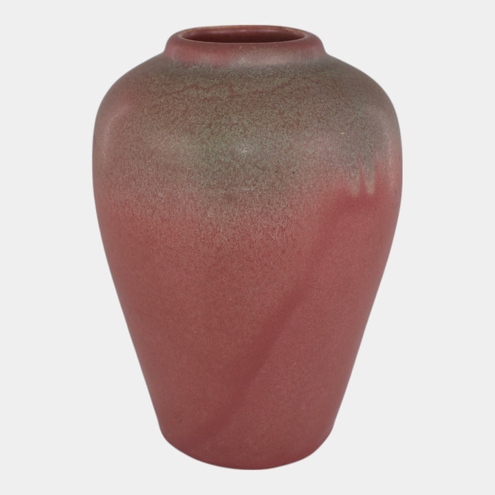 Muncie 1920s Vintage Art Deco Pottery Matte Green Over Rose Ceramic Vase 102-7 - Just Art Pottery