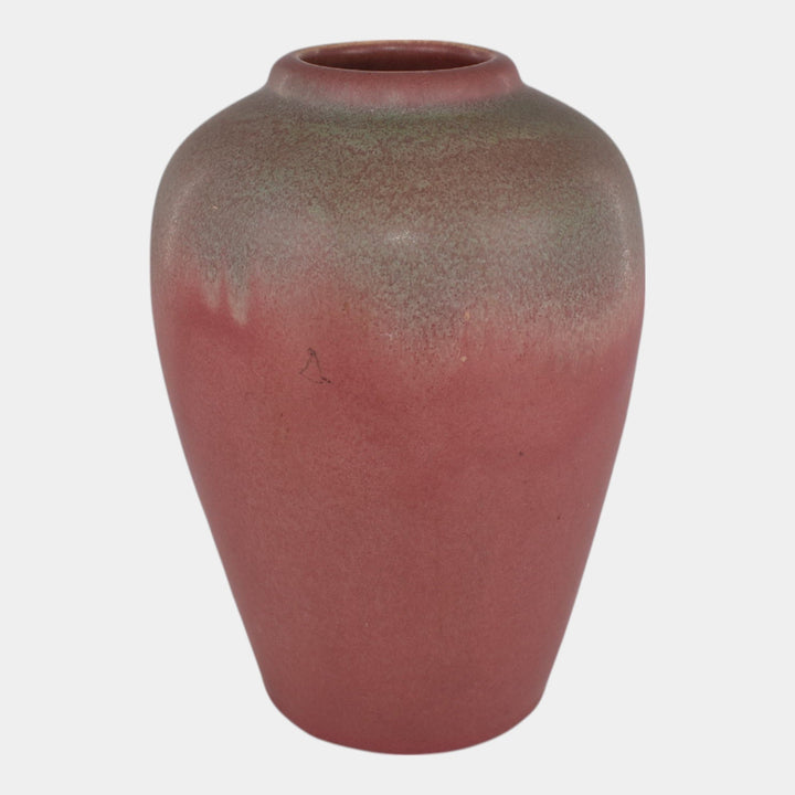 Muncie 1920s Vintage Art Deco Pottery Matte Green Over Rose Ceramic Vase 102-7 - Just Art Pottery