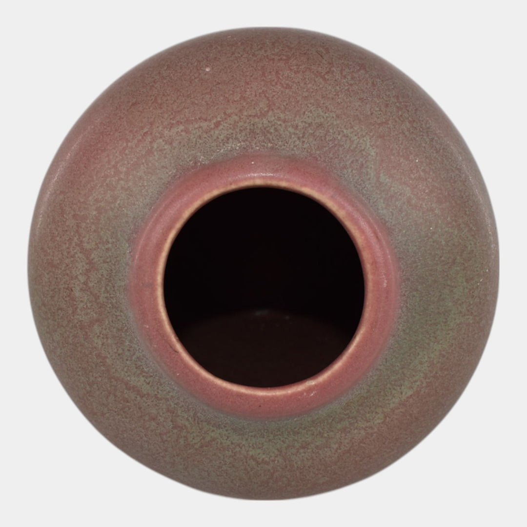 Muncie 1920s Vintage Art Deco Pottery Matte Green Over Rose Ceramic Vase 102-7 - Just Art Pottery