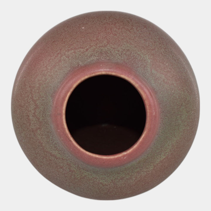 Muncie 1920s Vintage Art Deco Pottery Matte Green Over Rose Ceramic Vase 102-7 - Just Art Pottery