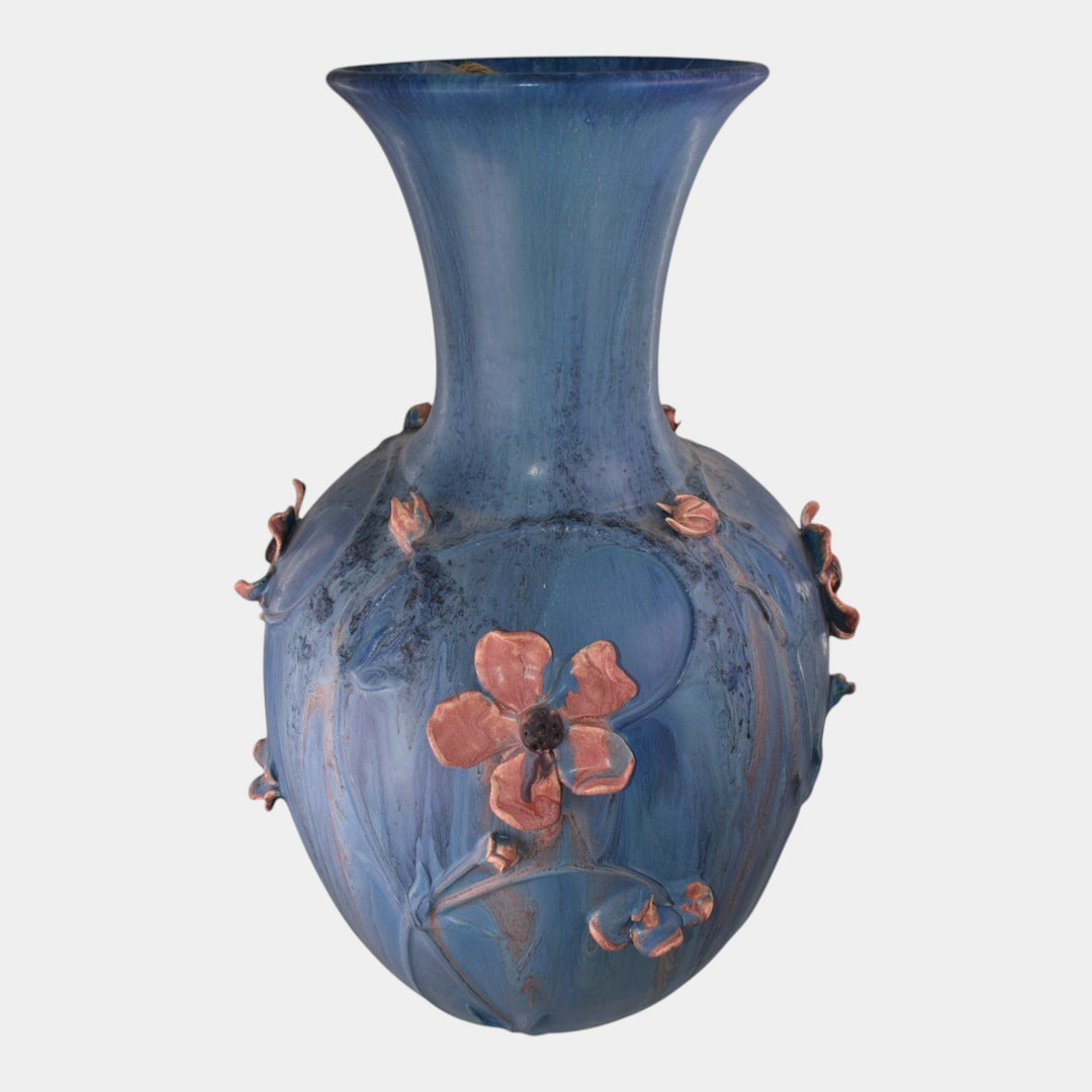 Door Studio Art Pottery 2008 Mottled Blue Applied Floral Floor Vase Ross - Just Art Pottery